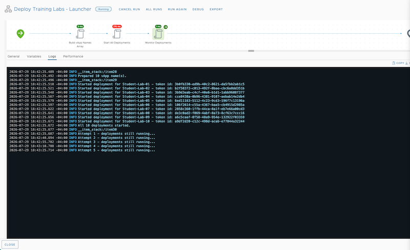 Deploy Training Labs launcher workflow run, showing ten simultaneous student lab deployments